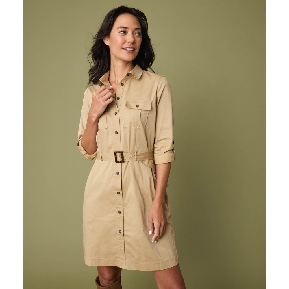 UNTUCKit Kaia Shirtdress Women 14 Tan Utility Belted Long Sleeve Cotton Blend
